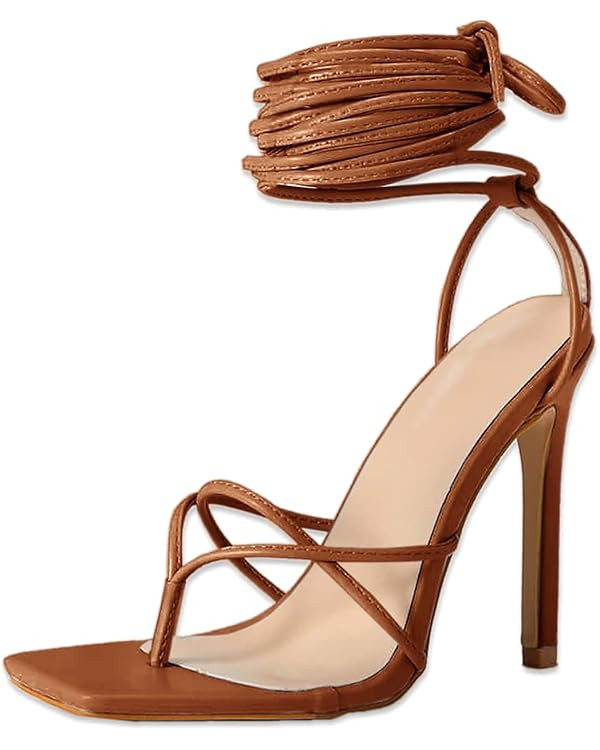 PiePieBuy Women's Lace Up Heeled Sandals Square Flip Flop High Heels Strappy Party Shoes | Amazon (US)