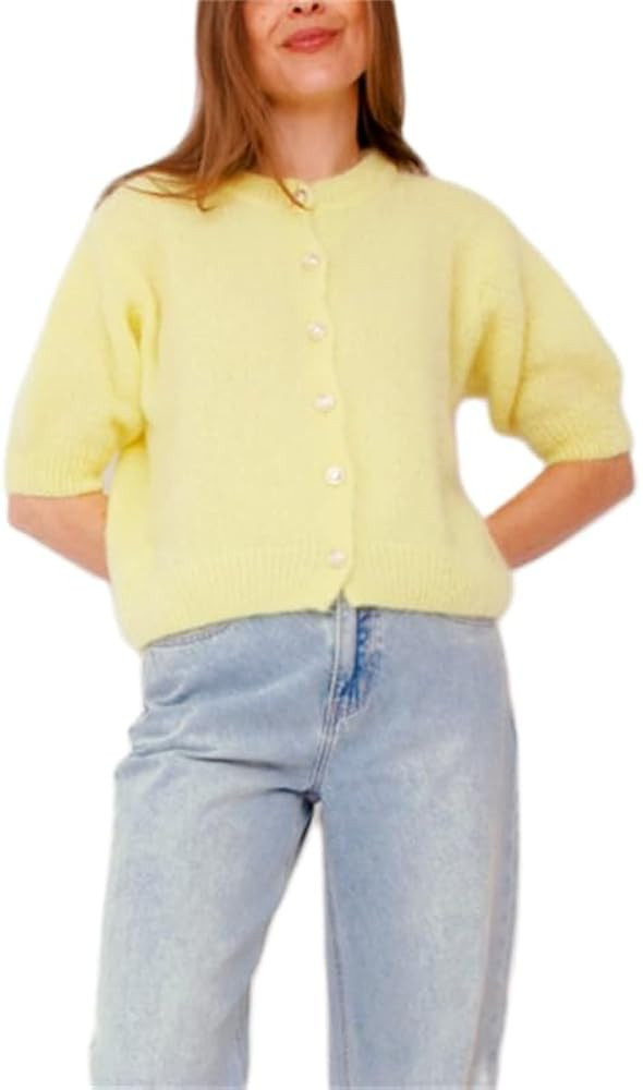 Women Knitted Crop Cardigan Shirt Short Sleeve Button Down Ribbed Knit Crop Top Y2k Girls Outwear... | Amazon (US)