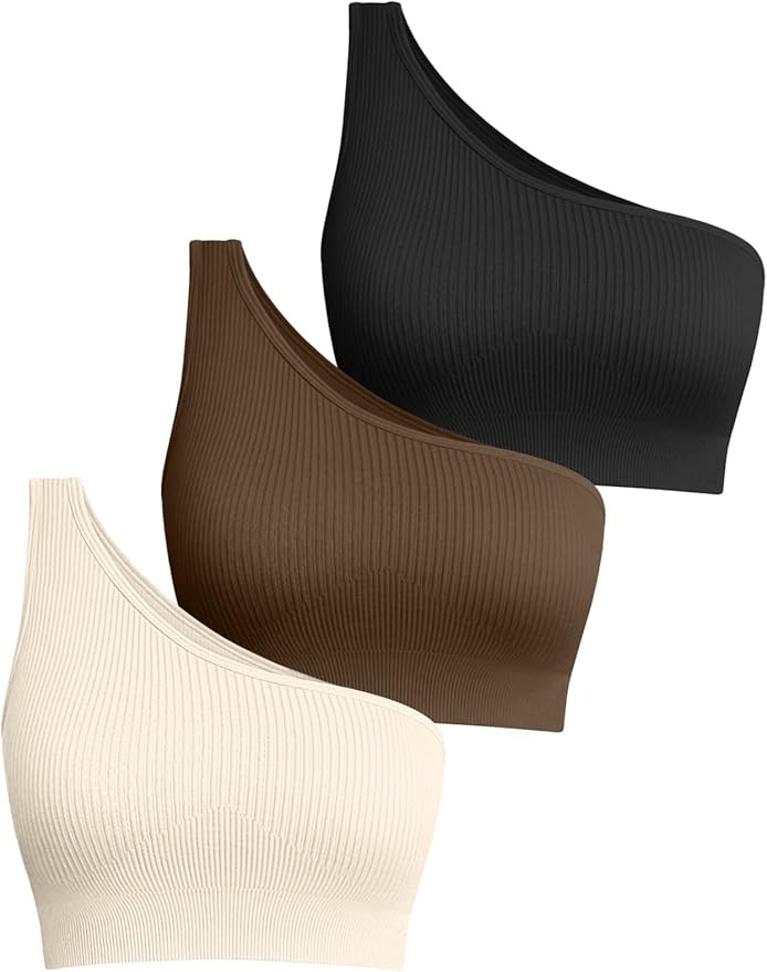 OQQ Women's 3 Piece Medium Support Crop Top One Shoulder Ribbed Seamless Removable Cups Workout E... | Amazon (US)