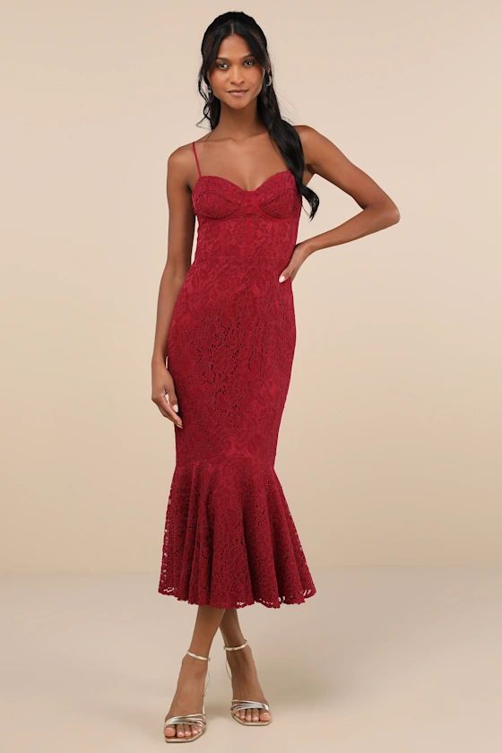 Wine Red Lace Sleeveless Trumpet Midi Dress | Red Cocktail Dress | Red Midi Dress | Lulus