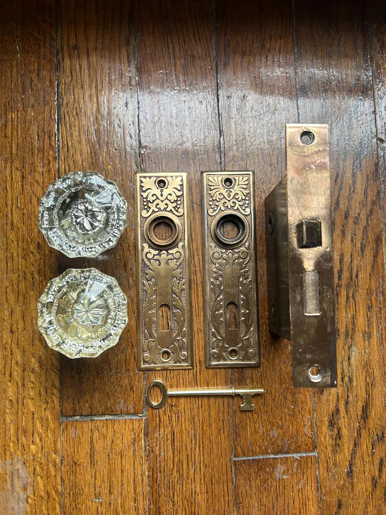 Antique Glass Door Knobs & Brass Backplates Door Hardware Set by Corbin 1895 | Etsy (Global)