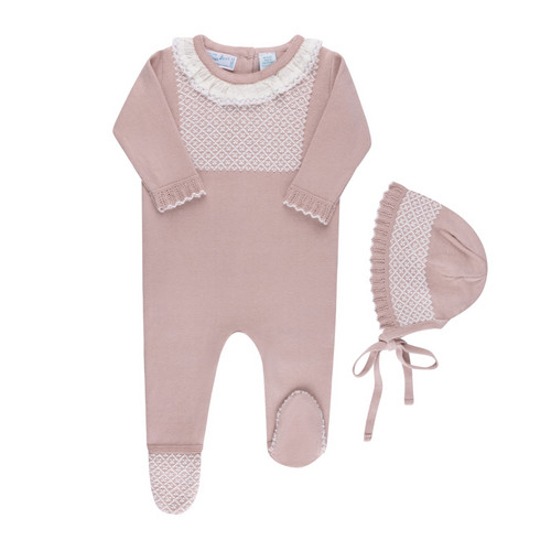 Girls Jacquard Ruffled Knit Romper & Bonnet | Feltman Brothers
