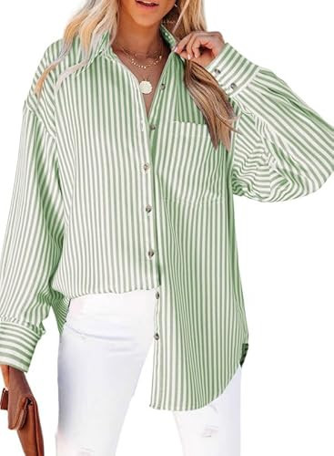 Dokotoo Womens Tops Dressy Casual V Neck Turn Down Collared Long Sleeve Oversized Button Down Curved Hem Shirts Classic Stylish Business Comfy Striped Summer Tops and Blouses with Pocket Green 2XL | Amazon (US)