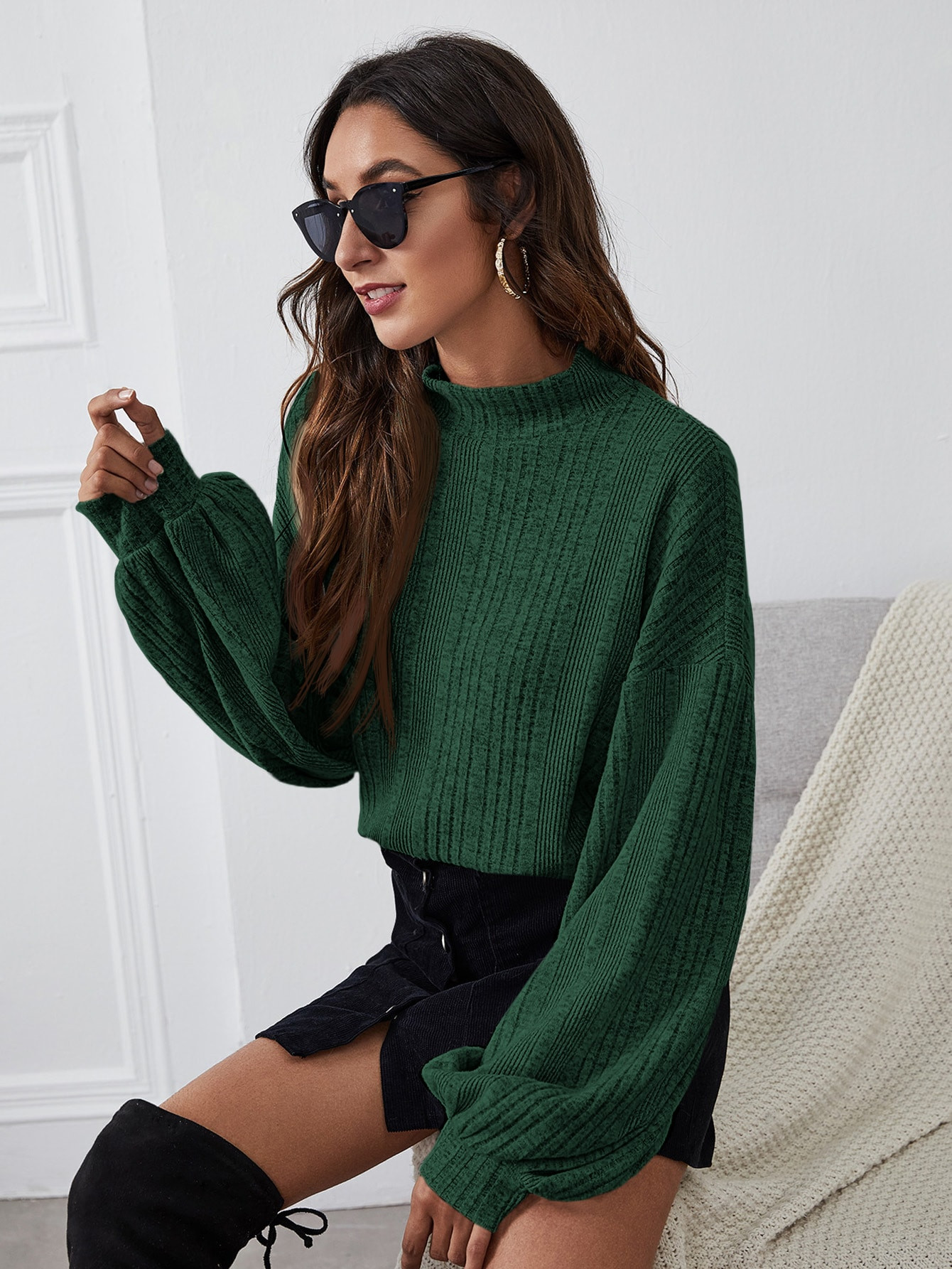 SHEIN Essnce Funnel Neck Lantern Sleeve Rib-knit Top | SHEIN