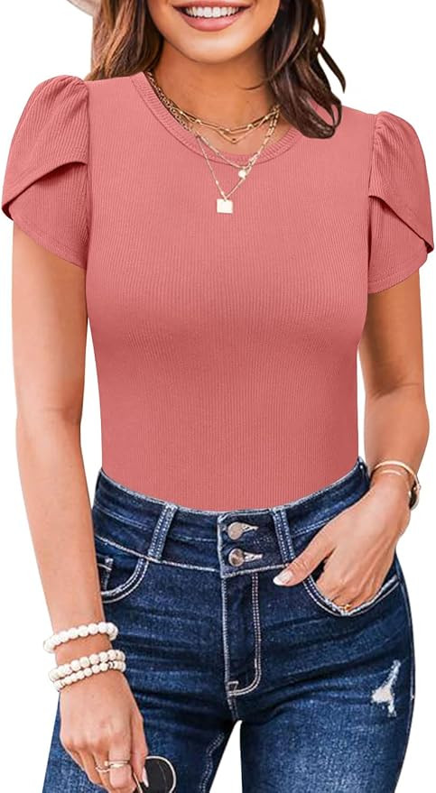 MIHOLL Women's Short Sleeve Shirt Round Neck Summer Casual Blouses Tops | Amazon (US)