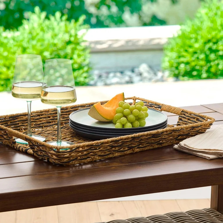 Better Homes & Gardens Beige and Black Resin Rattan Rectangular Serving Tray | Walmart (US)