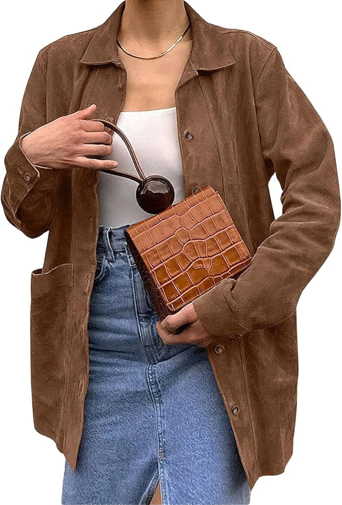 chouyatou Women's Faux Suede Leather Jacket Lapel Collar Button Down Faux Suede Leather Shacket J... | Amazon (US)