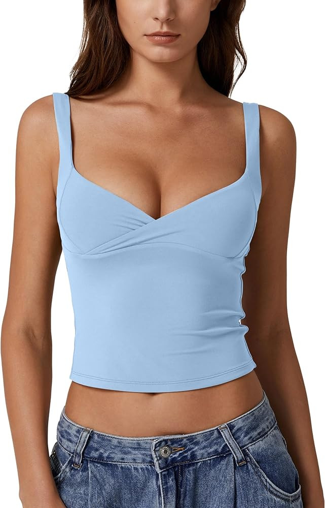 QINSEN Women's V Neck Tank Tops Double Lined Adjustable Strap Camisole Shirt | Amazon (US)