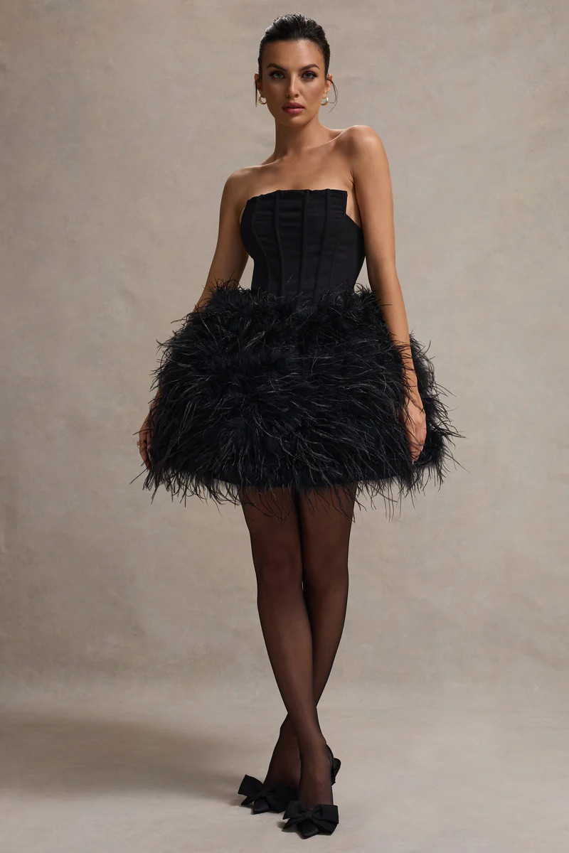 Peaches | Black Strapless Mini Dress With Volume Feather Hem | Club L London AU