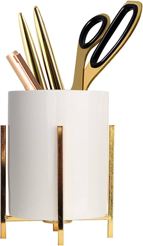 SIEBOLD Gold pencil cup Sturdy metal frame with white ceramic pen holder For desks and kitchen ap... | Amazon (US)