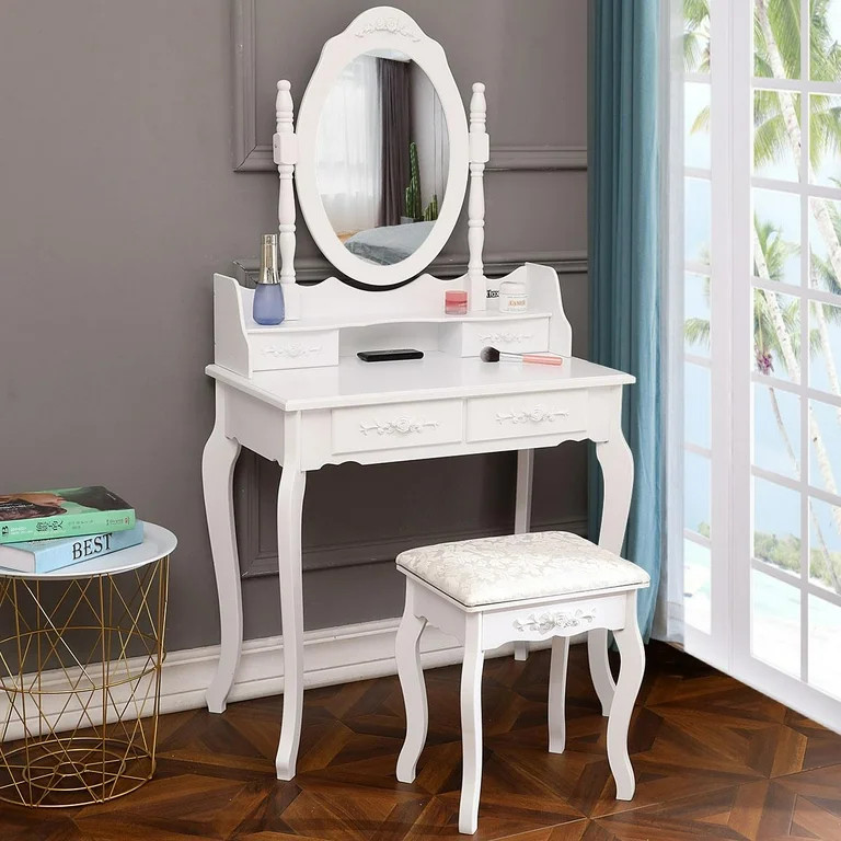 Clearance LIVELYGLOW Makeup Vanity Set with Stool, Lighted Mirror, Vanity Desk with 7 Shelves, La... | Walmart (US)