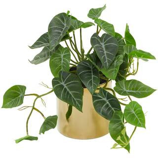 12 in. H Pothos Artificial Plant with Realistic Leaves and Gold Porcelain Pot | The Home Depot