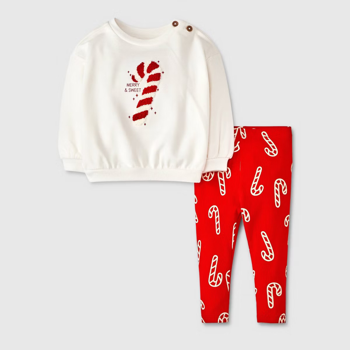 Baby Girls' Candy Cane Fleece Sweatshirt & Ribbed Leggings Set - Cat & Jack™ Cream | Target