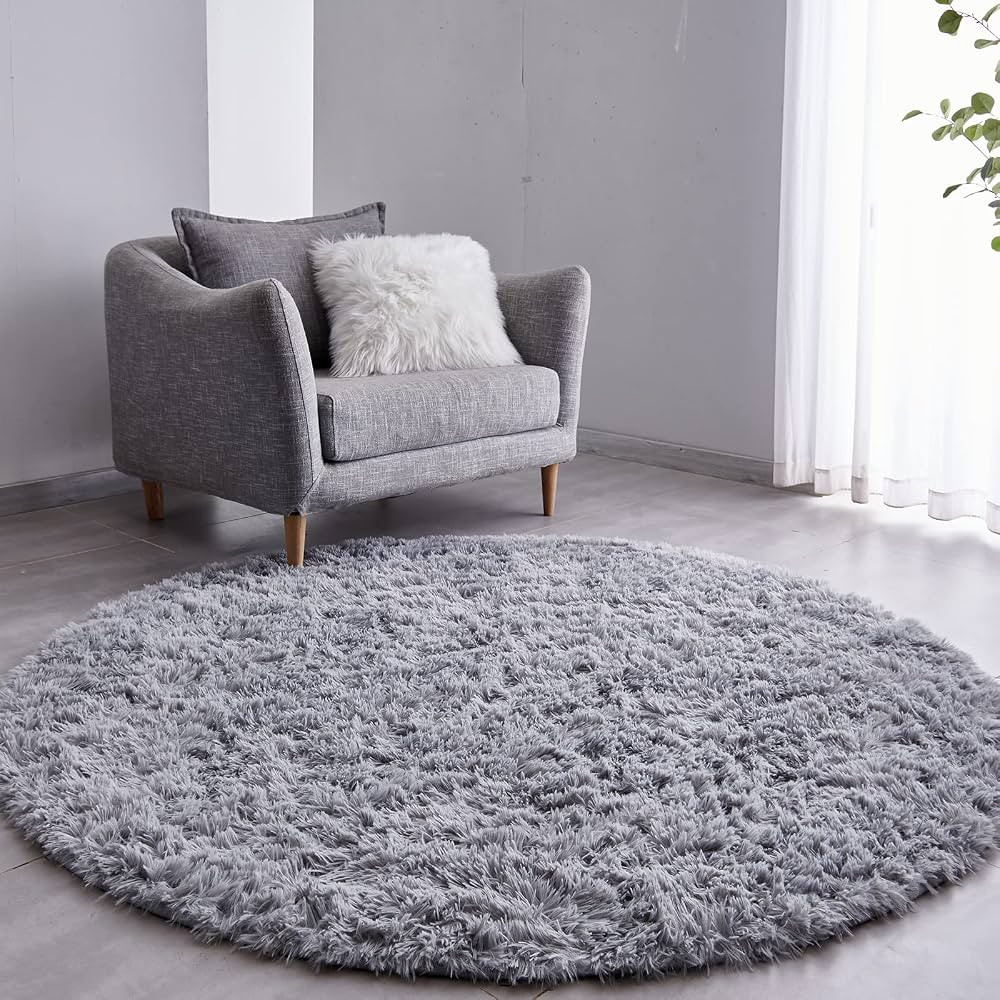 FJZFING Grey Round Rug Ultra-Soft Plush Modern 4x4 Circle Area Rug for Kid's Bedroom, Fluffy Shag... | Amazon (US)