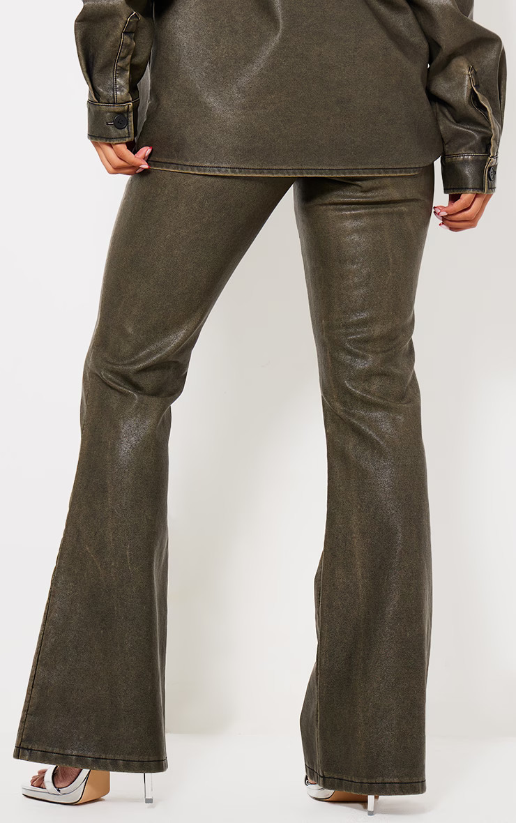 Black Washed Faux Leather Flared Pants | PrettyLittleThing US