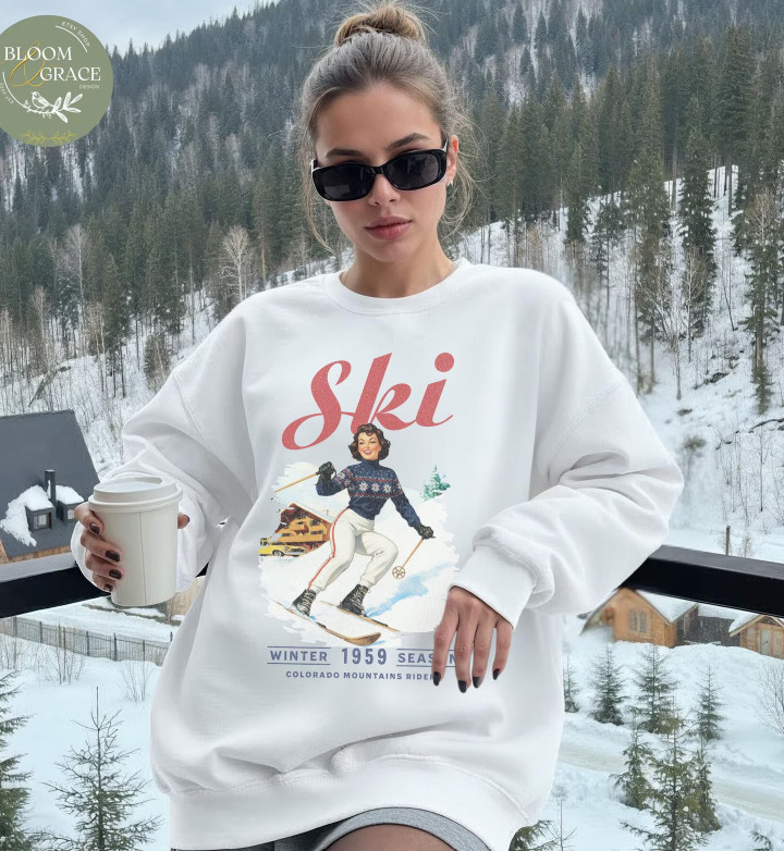 Vintage Ski Sweatshirt Retro Winter Skiing Sweater 1950s Ski Lodge Pullover Cute Ski Gift for Her Retro Ski Clothing Ski Trip Outfit etsy shop casual womens outfit idea for winter weather cold weather outfit cute casual sweatshirt  

 