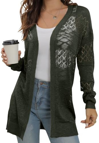 GRECERELLE Lightweight Cardigan Sweaters for Women Crochet Knit Open Front Long Sleeve Loose Casual Boho Summer Beach Coverups Army Green, S | Amazon (US)