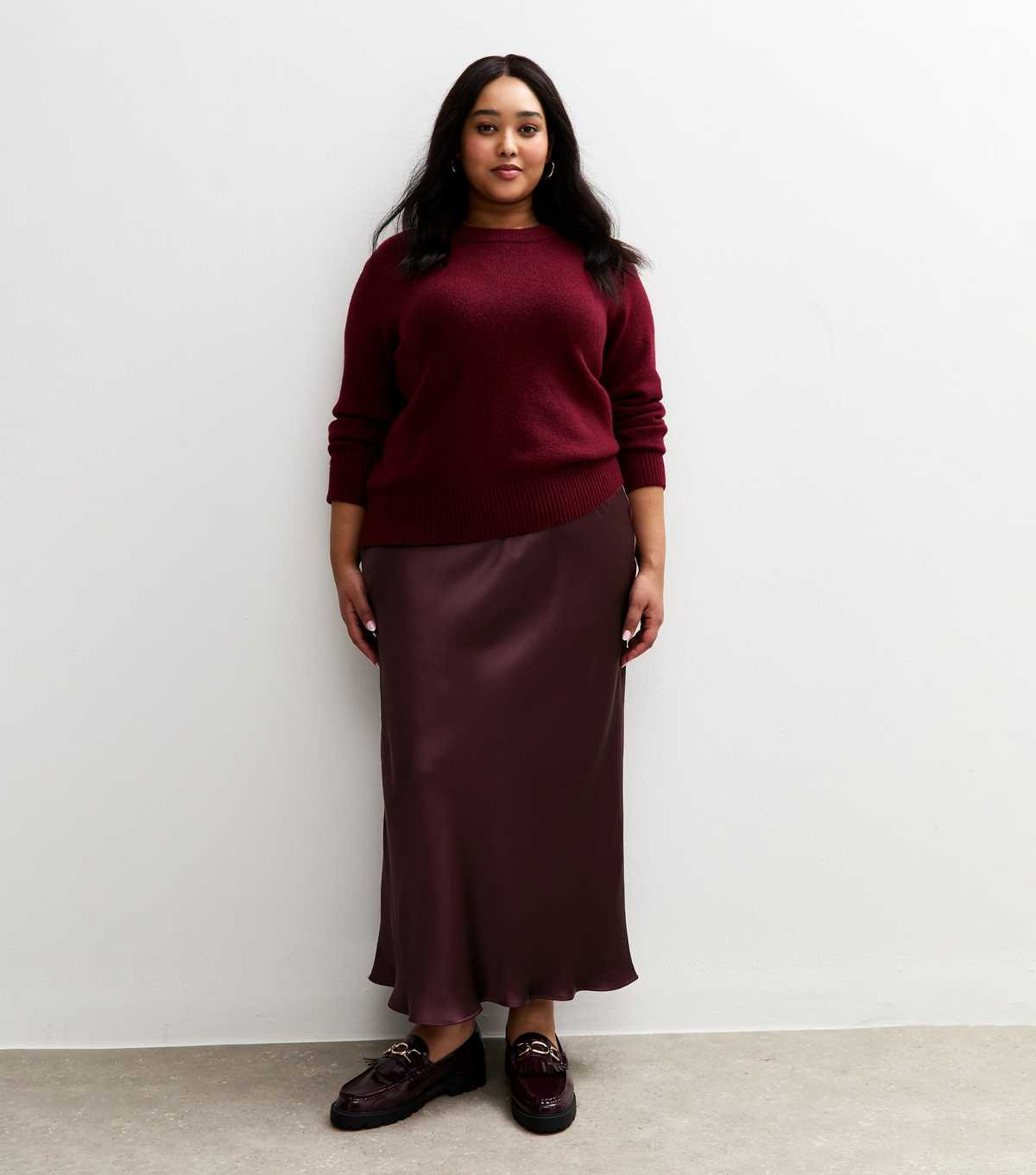 Curves Burgundy Satin Bias Cut Midi Skirt | New Look | New Look (UK)