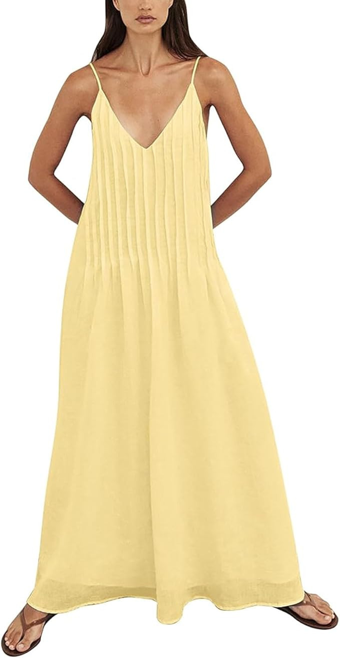 Women Summer Dresses Pleated Maxi Dresss Sleeveless Spaghetti Strap V Neck Beach Vacation Long Fl... | Amazon (US)