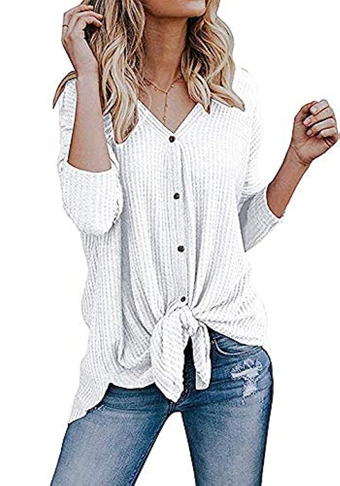 Green Ink Women's Waffle Knit Tunic Blouse Tie Knot Henley Tops Loose Fitting Bat Wing Plain Shirts | Amazon (US)