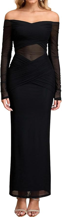 KUTUMAI Women Sheer Long Sleeve Off Shoulder Formal Cocktail Wedding Guest Dresses Fall Mesh Ruch... | Amazon (US)