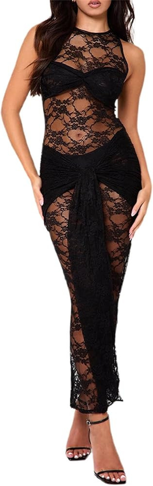 Women's Vintage Floral Lace Maxi Dress Y2k Sexy See Through Lace Sheer Long Sleeve Bodycon Dress ... | Amazon (US)
