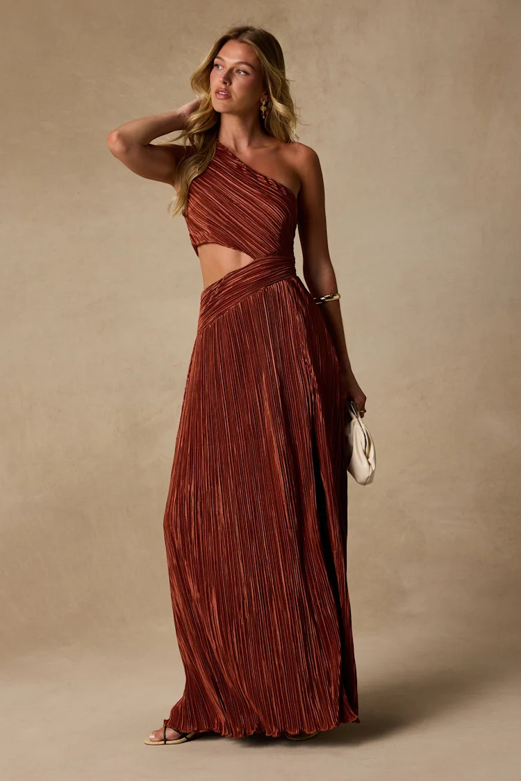Rocca Rust Plisse Pleated Cutout One-Shoulder Maxi Dress | Lulus