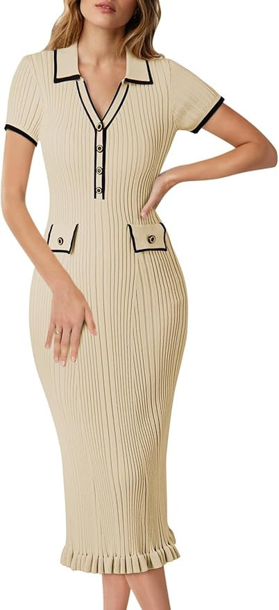 Pink Queen Women's Elegant Bodycon Dress 2025 Short Sleeve V Neck Half Button Cocktail Party Ribb... | Amazon (US)