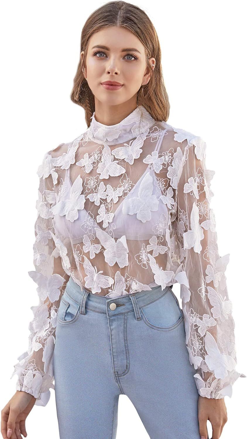 Floerns Women's Sexy Butterfly Embroidery Sheer Mesh Blouse Top | Amazon (US)