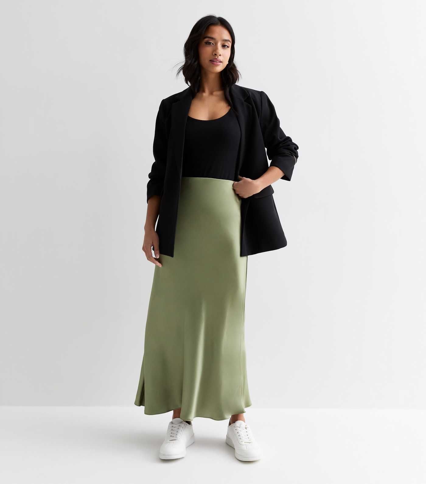 Petite Olive Satin Bias Cut Midi Skirt | New Look | New Look (UK)
