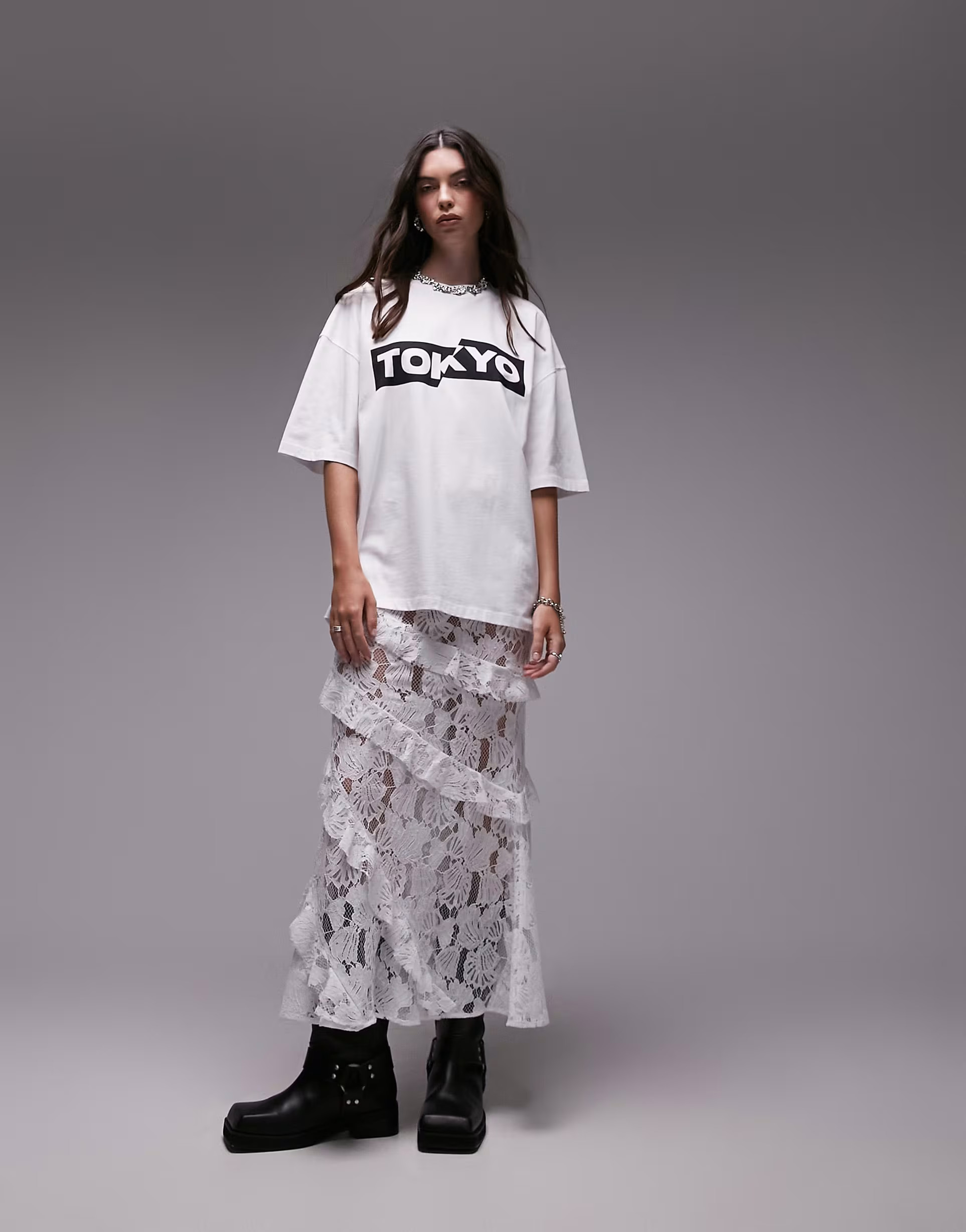 Topshop shell lace ruffle midi skirt in white | ASOS (Global)