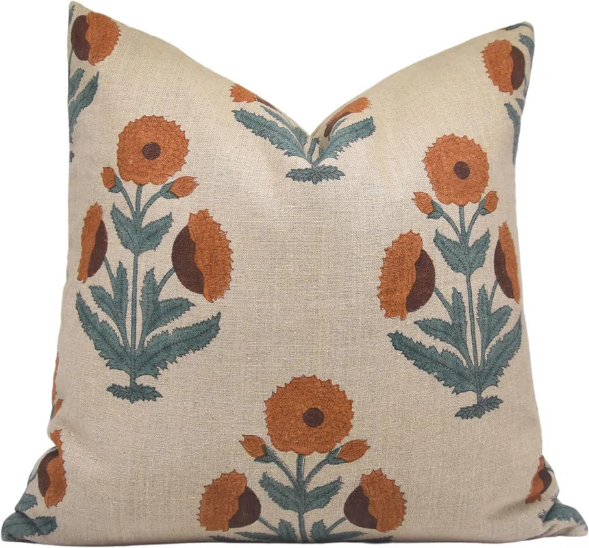 Fabdivine Badshah Block Print Pillow Cover Thick Linen Cushion with Green Leaf & Orange Flower Ha... | Wayfair North America