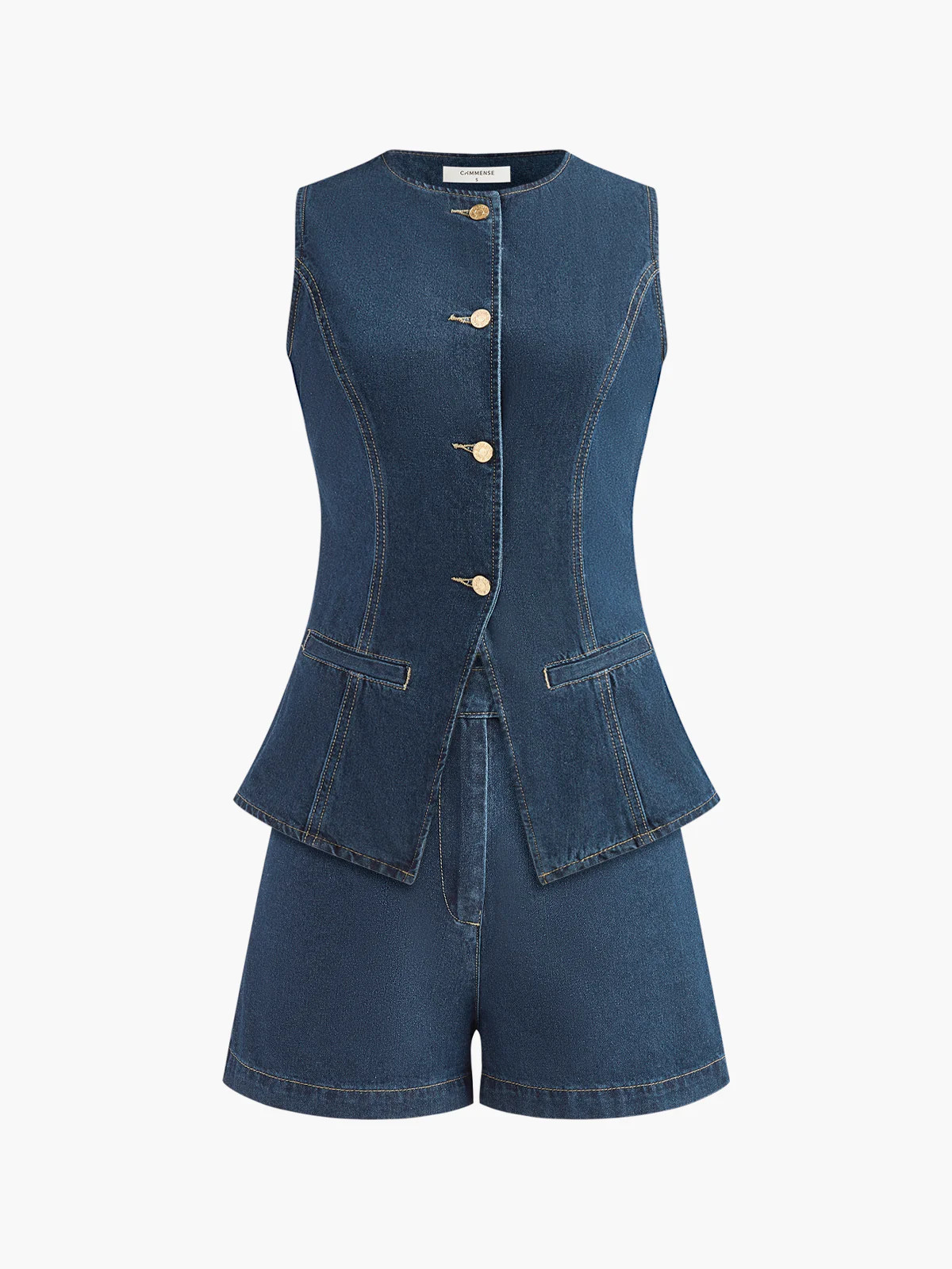 Denim Peplum Vest With Shorts Set | Commense