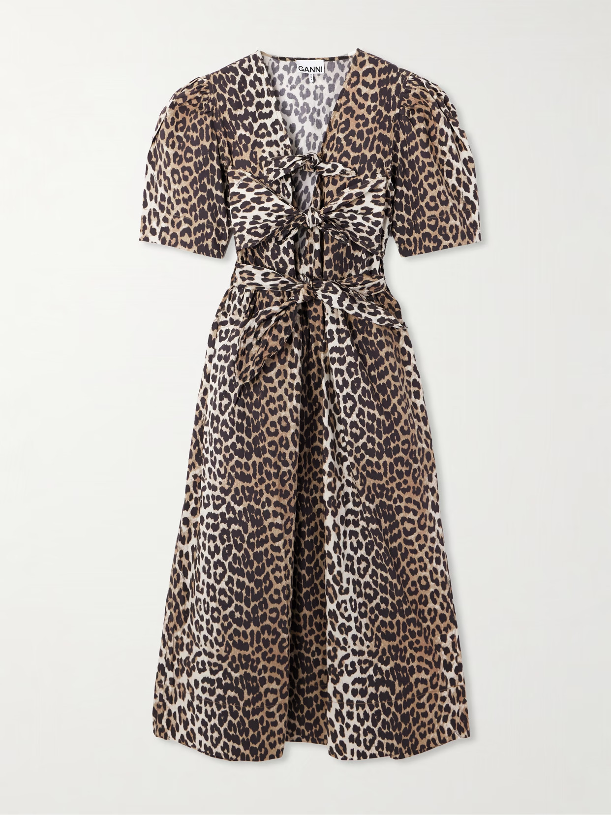 GANNI - Belted Bow-embellished Leopard-print Cotton-poplin Midi Dress - Animal Print | NET-A-PORTER (US)
