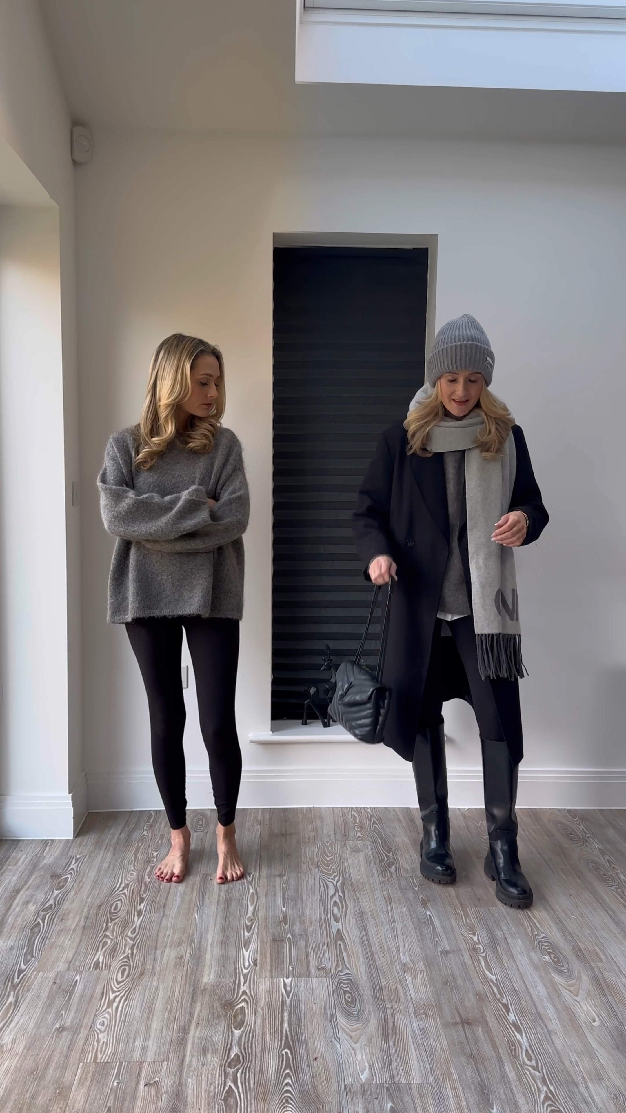 An easy winter outfit formula that is comfy but still put together . A white shirt and black leggings for the base then layered up with an oversized knit , knee high boots and a long black coat 🩶 finished with a hat and scarf for extra coziness. 🧸

#LTKuk #LTKstyletip #LTKwinter