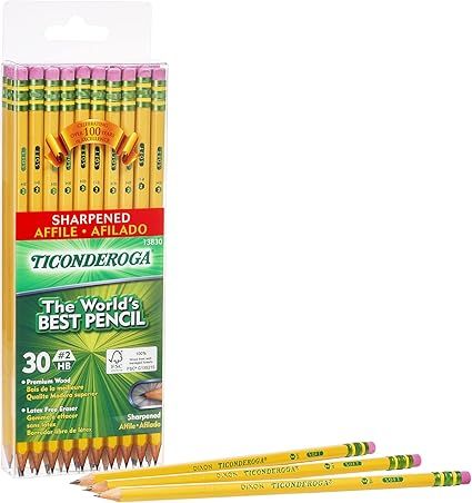TICONDEROGA Pencils, Wood-Cased, Pre-Sharpened, Graphite #2 HB Soft, Yellow, 30-Pack (X13830) | Amazon (US)