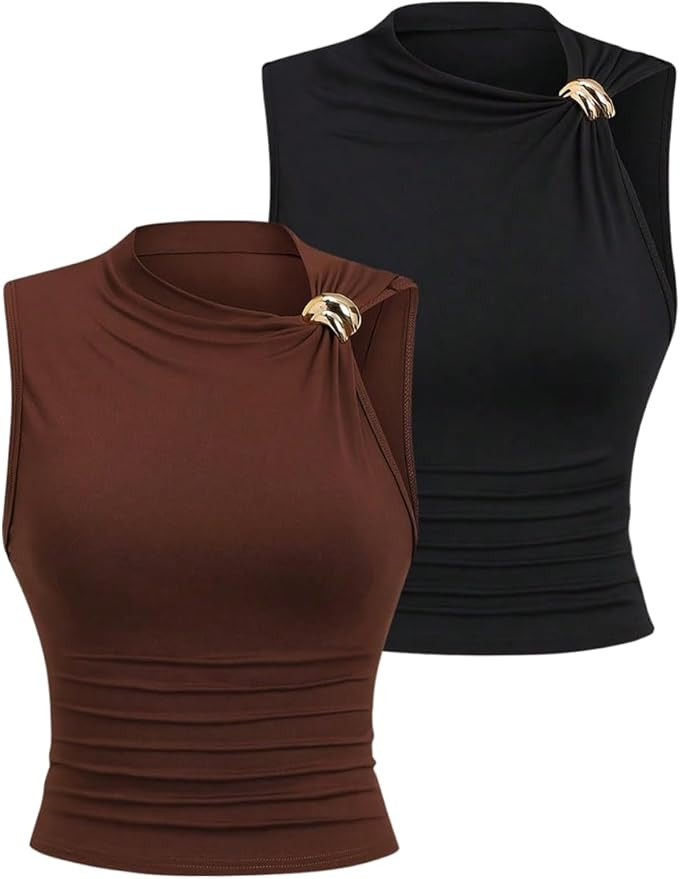 Floerns Women's 2 Piece Sleeveless Tank Top Metal Mock Neck Casual Ruched Camisole | Amazon (US)