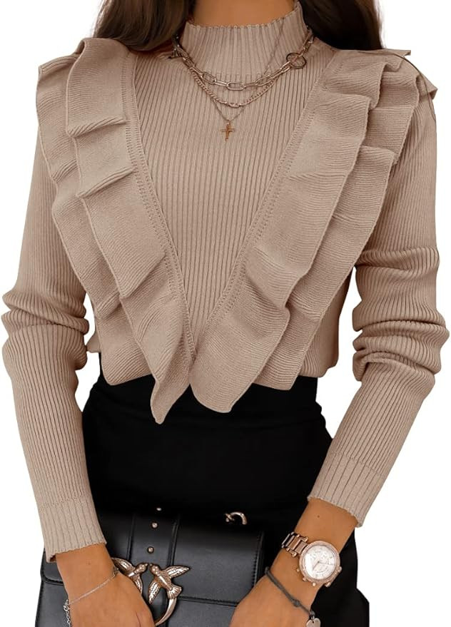 Coololi Women's Ruffle Sweaters Mock Neck Cute Cozy Fitted Pullover Sweater Tops | Amazon (US)