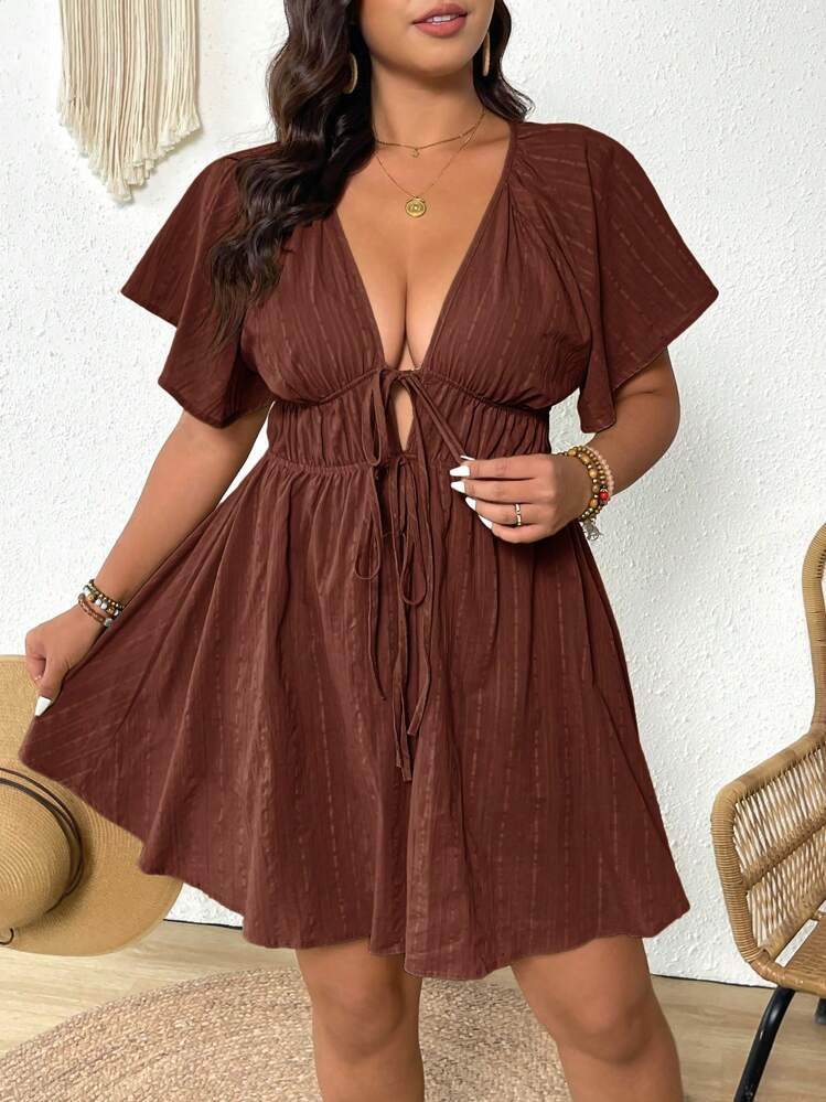 SHEIN Elaquor Plus Size Casual Vacation Textured Ruffle Sleeve V-Neck Tied Waist Dress,Summer Dre... | SHEIN