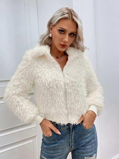 Eilly Bazar Solid Zip Up Fuzzy Coat | SHEIN