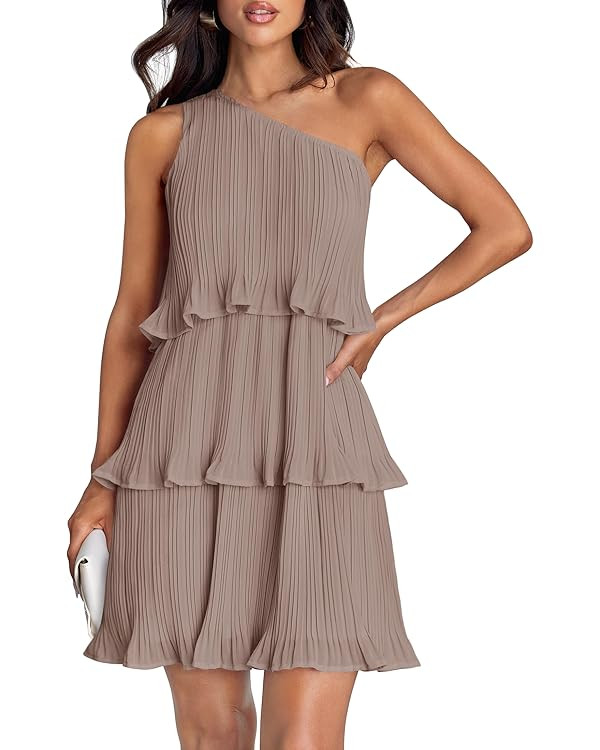ZESICA Women's 2024 Summer Sleeveless Mini Dress Boho One Shoulder Ruffle Tiered Layered Chiffon ... | Amazon (US)