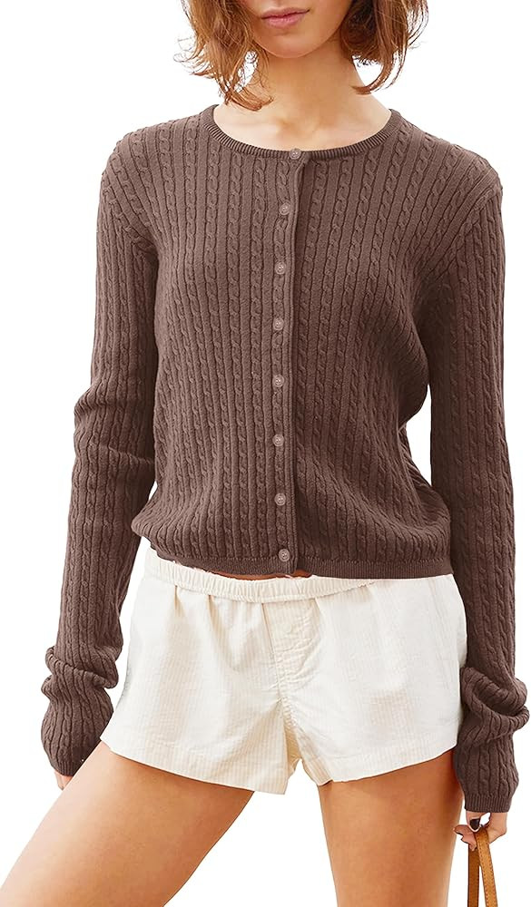 Women Y2k Cute Crewneck Cable Knit Lightweight Cropped Cardigan Tops Fall Open Front Button Pullo... | Amazon (US)