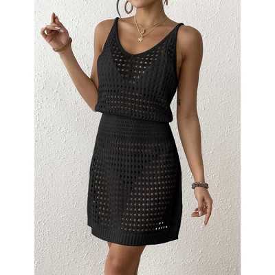 Women's Knit Lace Cover Up Dress - Beach Swimwear Sheer Tunic Midi Dress Boho Chic Sleeveless Summer Dress Black M | Target