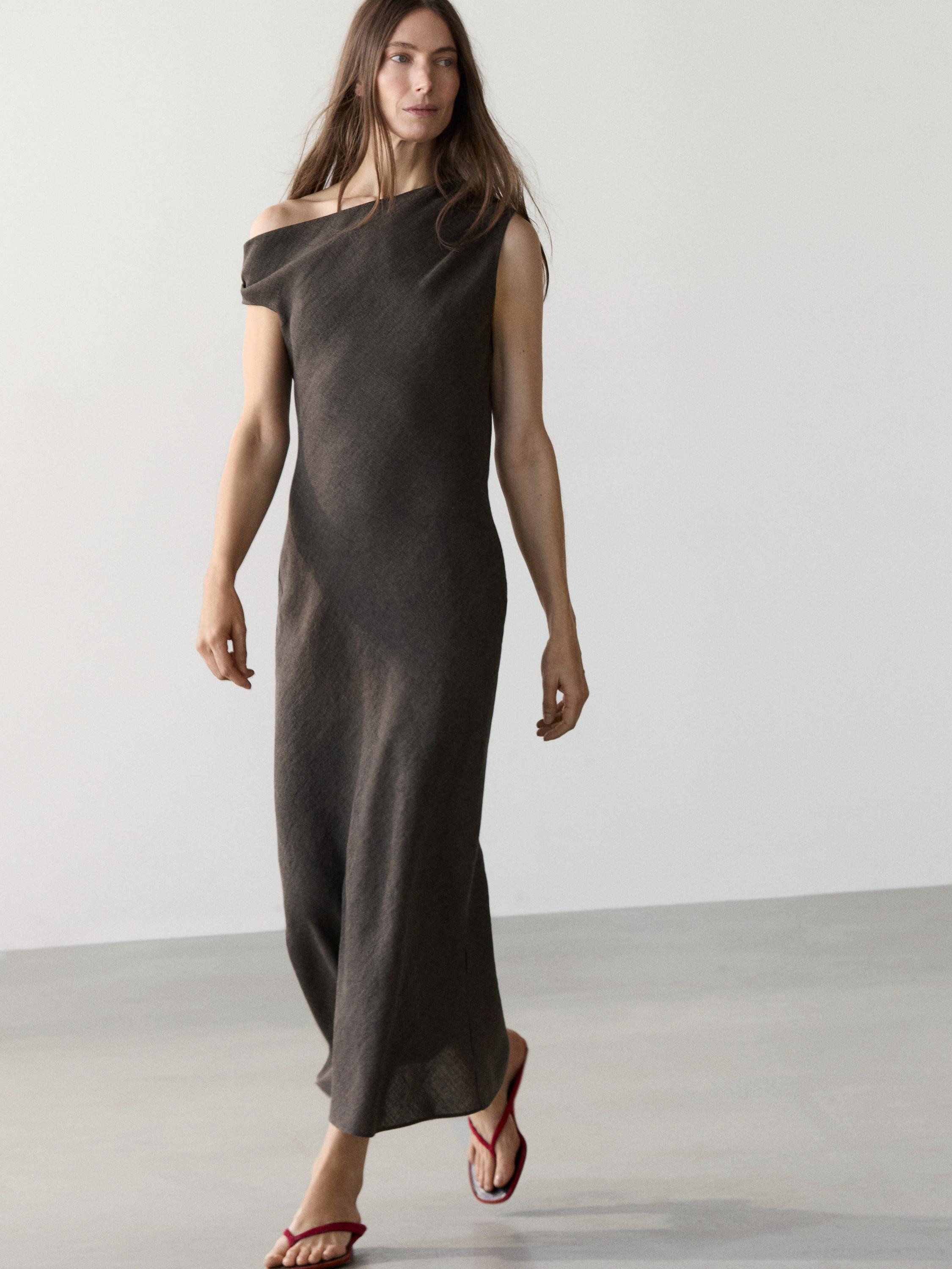 100% linen midi dress with shoulder detail | Massimo Dutti UK