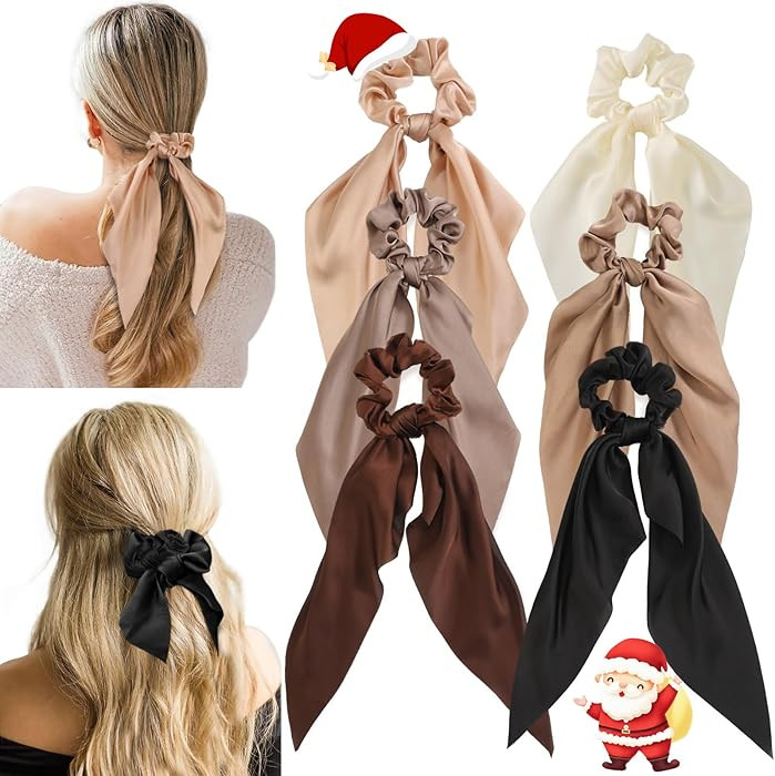 6 PCS Christmas Bow Silk Scrunchies, Hair Ties with Bow for Holiday Parties Match Xmas Sweater, E... | Amazon (US)
