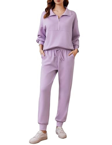 PINSPARK Two Piece Sets for Women Long Sleeve Tracksuits Matching Sets Half Zip Baggy Sweatshirt Sweatpants Jogger Sets 2025 Fall Travel Outfits,Lavender Petite XX-Large Petite | Amazon (US)
