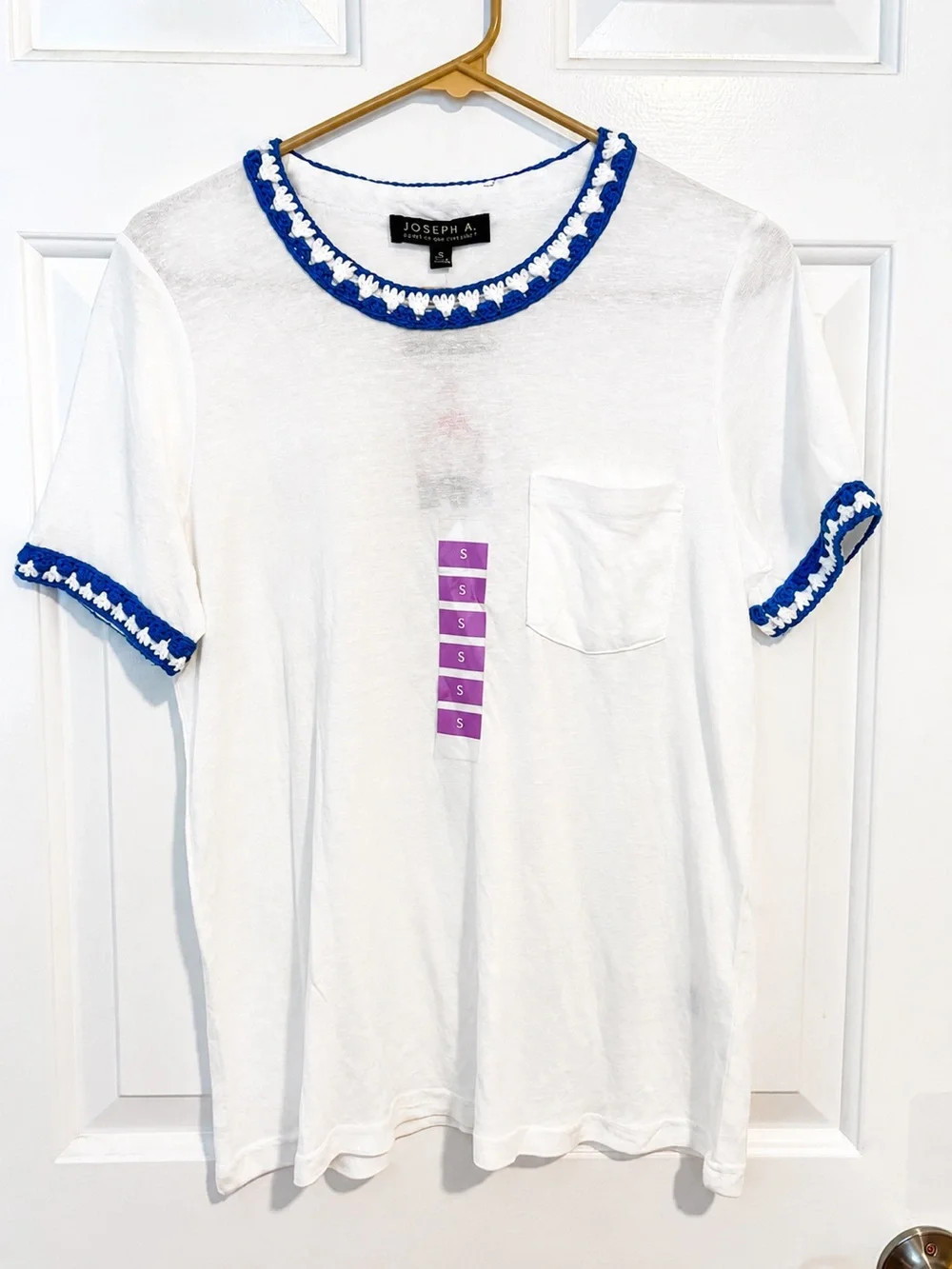 Joseph A. NWT White Linen Blend Crochet Trim Pocket Tee Small | Poshmark