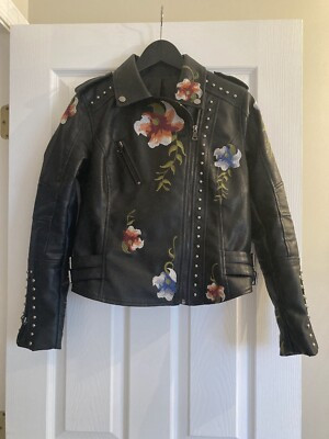 Womens Faux Leather Moto Jacket Black With Floral Embroidery NEW/ size SMALL | eBay US