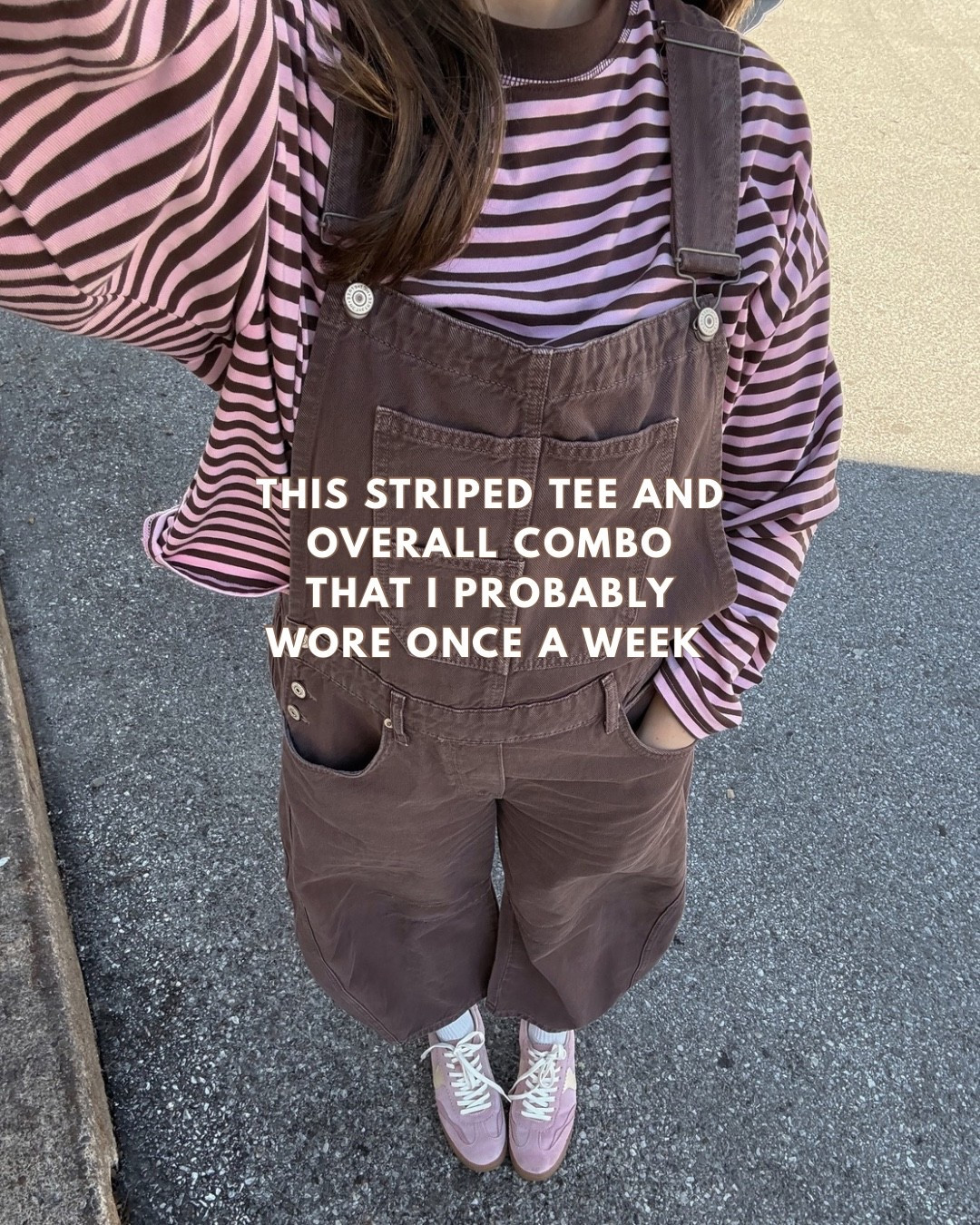Size m short in the overalls and large in the tee! I’m 5’4”
