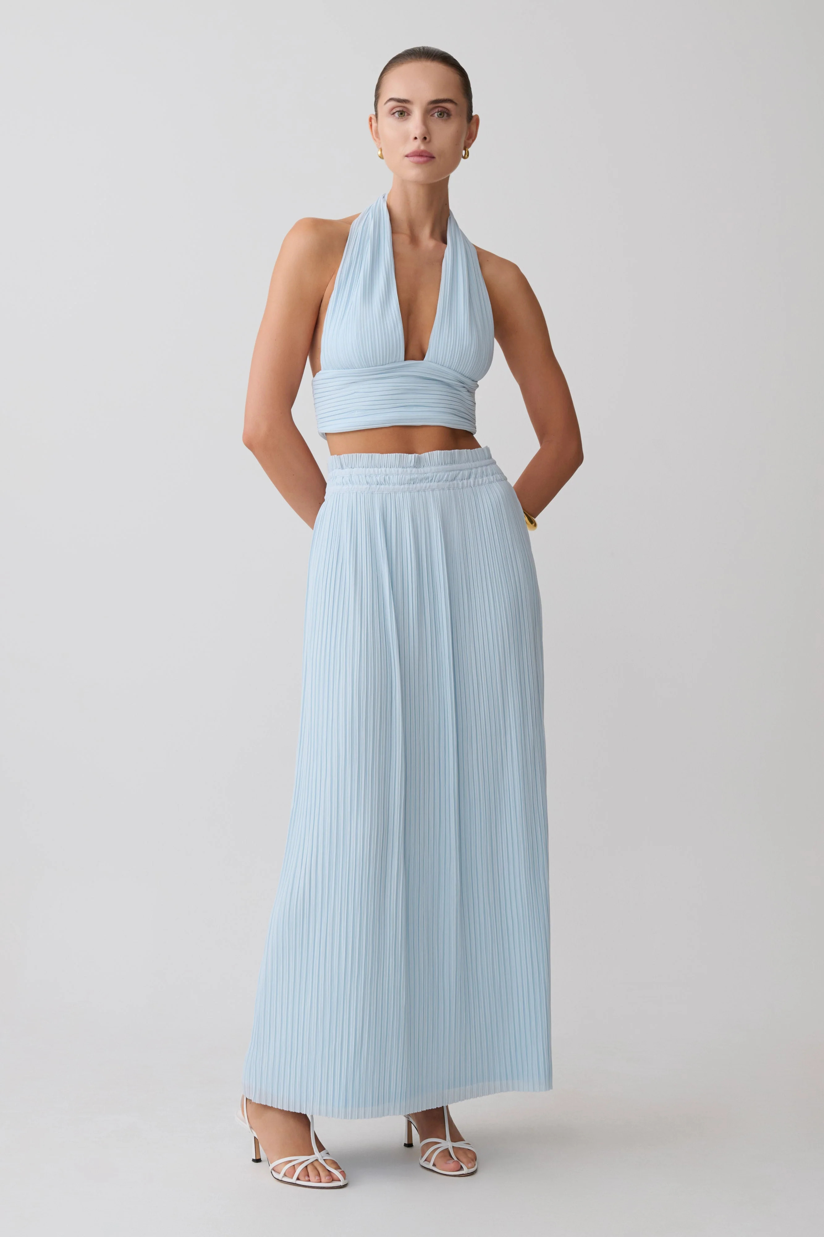 Gathered Plisse Maxi Skirt - Pale Blue | MESHKI US
